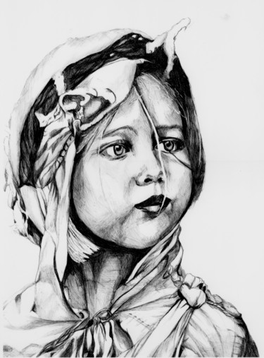 Рисунок под названием "Enfant SDF au stylo…" - Karine Lambert, Подлинное произведение искусства, Шариковая ручка