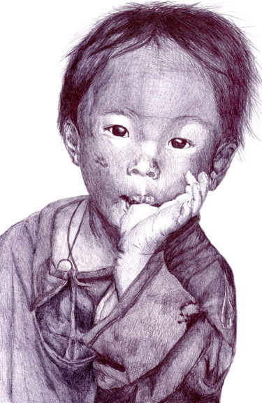 Tekening getiteld "Bébé cambodgien" door Karine Lambert, Origineel Kunstwerk, Balpen