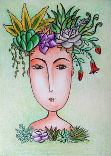 Drawing titled "Coiffée de plantes" by Kalam, Original Artwork, Pencil