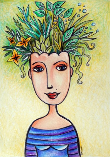 Drawing titled "Femme pot de fleurs" by Kalam, Original Artwork, Pencil