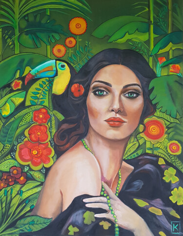 Malarstwo zatytułowany „Dans la jungle” autorstwa Karine Me Moon, Oryginalna praca, Olej Zamontowany na Drewniana rama noszy