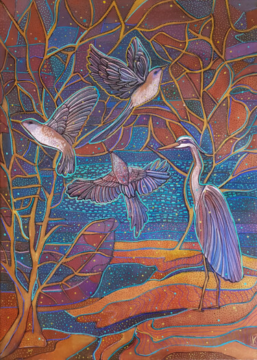 Malerei mit dem Titel "Birds" von Karine Me Moon, Original-Kunstwerk, Acryl Auf Keilrahmen aus Holz montiert