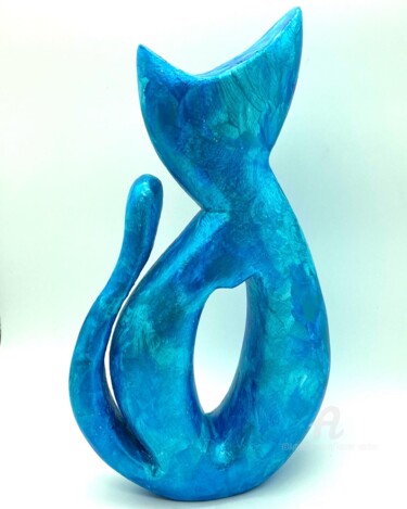 Скульптура под названием "Chat bleu" - Karine Verdier, Подлинное произведение искусства, Дерево