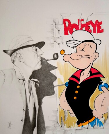 Картина под названием "Jacques Tati et Pop…" - Karine Villard, Подлинное произведение искусства, Карандаш