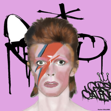 Digital Arts titled "David Bowie" by Karine Collomb, Original Artwork, Digital Painting Mounted on Wood Stretcher frame