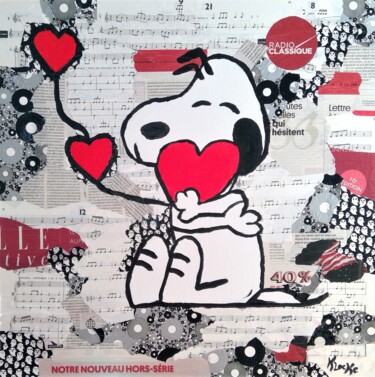 Ζωγραφική με τίτλο "Snoopy amoureux" από Karine Locke, Αυθεντικά έργα τέχνης, Ακρυλικό Τοποθετήθηκε στο Ξύλινο φορείο σκελετό
