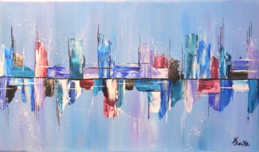 Schilderij getiteld "Blue city" door Karine Locke, Origineel Kunstwerk, Acryl Gemonteerd op Frame voor houten brancard