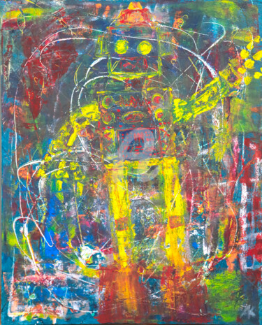 Painting titled "MR Robot / I.A. IS…" by Karl Alinghi, Original Artwork, Acrylic Mounted on Wood Stretcher frame