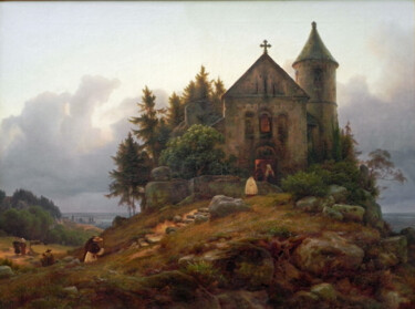 Картина под названием "Chapelle à l'orée d…" - Karl Friedrich Lessing, Подлинное произведение искусства, Масло
