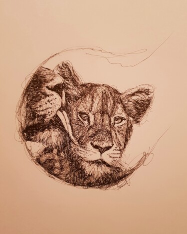 Dessin intitulée "Lionceau." par Karl Robial, Œuvre d'art originale, Encre