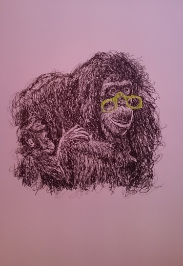 Рисунок под названием "Monkey lunettes" - Karl Robial, Подлинное произведение искусства, Чернила