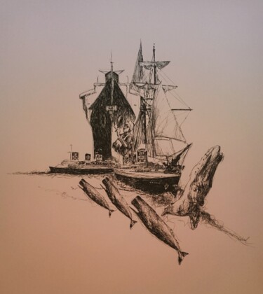 Rysunek zatytułowany „Bateaux baleines” autorstwa Karl Robial, Oryginalna praca, Atrament