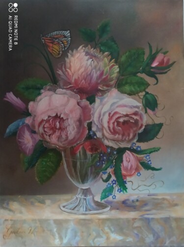 Painting titled "Pfingstrosen im Glas" by Karl-Werner Gerstner, Original Artwork, Oil