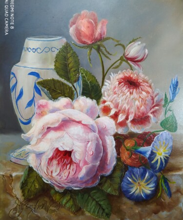 Pintura titulada "Alte Rose mit Vase" por Karl-Werner Gerstner, Obra de arte original, Oleo