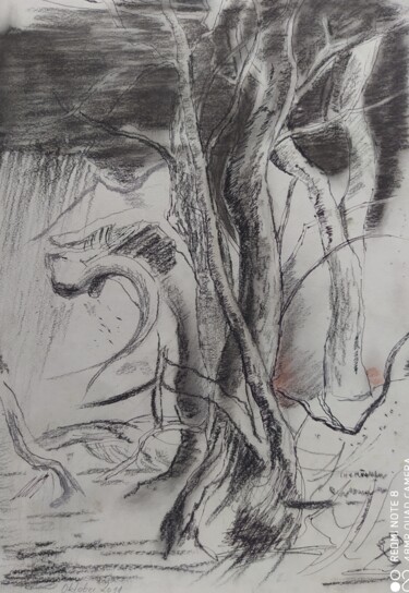 Dessin intitulée "Knorriger Baum" par Karl-Werner Gerstner, Œuvre d'art originale, Fusain