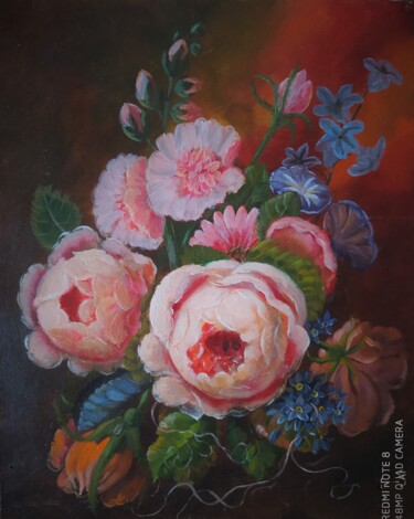 Malerei mit dem Titel "Alte Rose mit Winde" von Karl-Werner Gerstner, Original-Kunstwerk, Öl