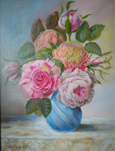 Malerei mit dem Titel "Rosen in blauer Vas…" von Karl-Werner Gerstner, Original-Kunstwerk, Öl