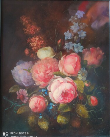 Schilderij getiteld "Englische Rosen" door Karl-Werner Gerstner, Origineel Kunstwerk, Olie