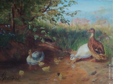 Schilderij getiteld "Entenfamilie am Tei…" door Karl-Werner Gerstner, Origineel Kunstwerk, Olie