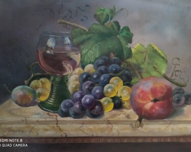 Malerei mit dem Titel "Weinglas mit Pflaum…" von Karl-Werner Gerstner, Original-Kunstwerk, Öl