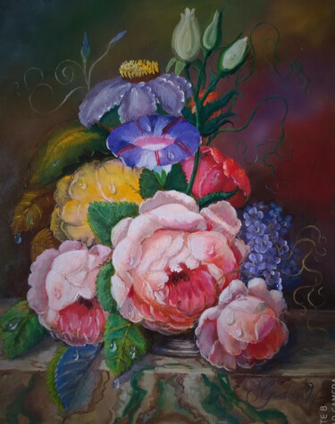 Malerei mit dem Titel "Drei Rosen mit Wind…" von Karl-Werner Gerstner, Original-Kunstwerk, Öl