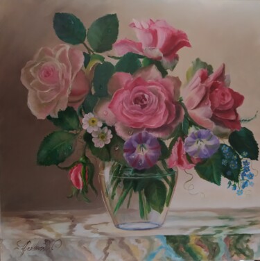 Malerei mit dem Titel "Vier Rosen" von Karl-Werner Gerstner, Original-Kunstwerk, Öl