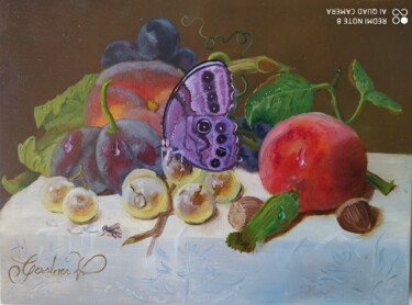 Malerei mit dem Titel "Stillleben mit viol…" von Karl-Werner Gerstner, Original-Kunstwerk, Öl