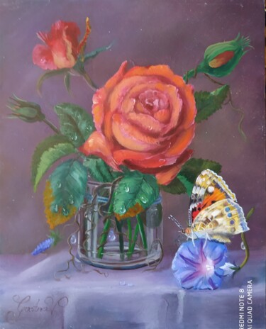 Painting titled "Rote Rose im Glas m…" by Karl-Werner Gerstner, Original Artwork, Oil