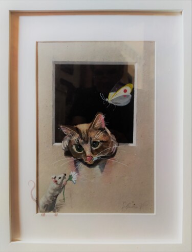 Malerei mit dem Titel "cat and mouse, Katz…" von Karl-Werner Gerstner, Original-Kunstwerk, Gouache Auf Holzplatte montiert