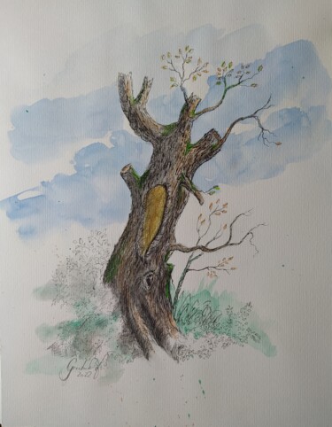 Painting titled "Old oak tree in the…" by Karl-Werner Gerstner, Original Artwork, Ink