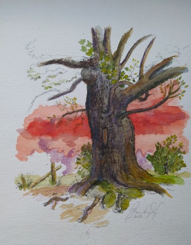 Painting titled "Old tree in the sun…" by Karl-Werner Gerstner, Original Artwork, Watercolor
