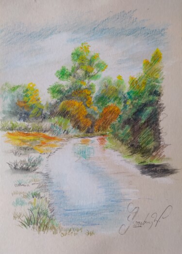 Картина под названием "Alsatian stream lan…" - Karl-Werner Gerstner, Подлинное произведение искусства, Цветные карандаши