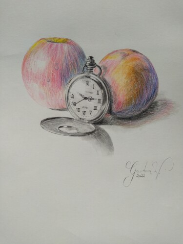 Peinture intitulée "The clock. Die Uhr.…" par Karl-Werner Gerstner, Œuvre d'art originale, Conté
