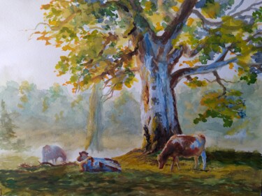 Painting titled "Country life with c…" by Karl-Werner Gerstner, Original Artwork, Watercolor
