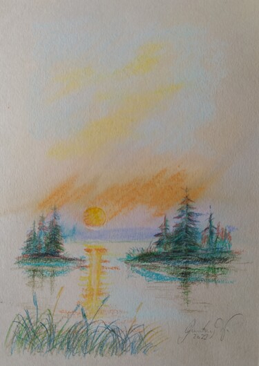 Dessin intitulée "Sunset. Le coucher…" par Karl-Werner Gerstner, Œuvre d'art originale, Craie