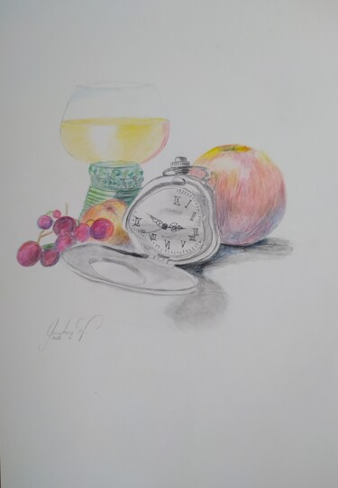 Zeichnungen mit dem Titel "The clock in front…" von Karl-Werner Gerstner, Original-Kunstwerk, Conté-Buntstifte