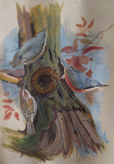Pittura intitolato "At the tree stump.…" da Karl-Werner Gerstner, Opera d'arte originale, Tempera