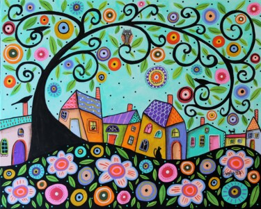 Pintura titulada "Whimsical Town" por Karla Gerard, Obra de arte original, Acrílico Montado en Bastidor de camilla de madera