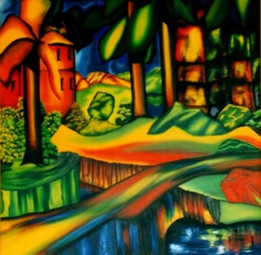 Painting titled "Über die Brücke" by Kafi, Original Artwork, Oil