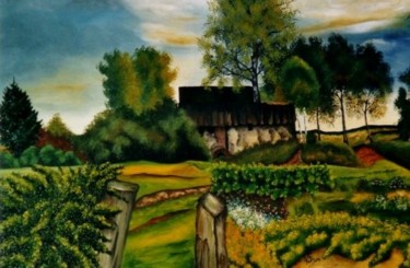 Malerei mit dem Titel "Moorhaus" von Kafi, Original-Kunstwerk, Öl