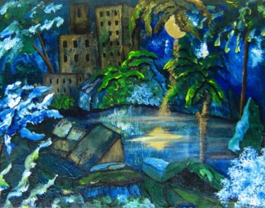 Painting titled "GREEN IN THE NIGHT !" by Kafi, Original Artwork, Oil