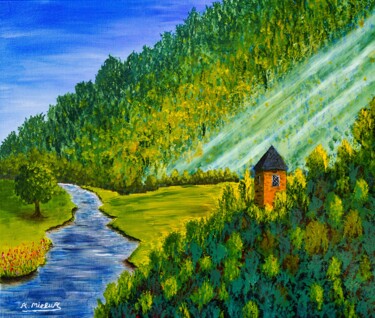 Painting titled "Tower Overlooking A…" by Karl Mieluk, Original Artwork, Acrylic Mounted on Wood Stretcher frame