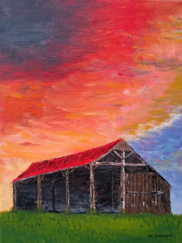 Painting titled "The Old Barn" by Karl Mieluk, Original Artwork, Acrylic Mounted on Wood Stretcher frame