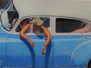 Painting titled "Chauffeur cubain" by Karol Reber, Original Artwork, Oil Mounted on Wood Stretcher frame