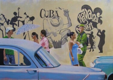 Ζωγραφική με τίτλο "Havana II" από Karol Reber, Αυθεντικά έργα τέχνης, Λάδι Τοποθετήθηκε στο Ξύλινο φορείο σκελετό