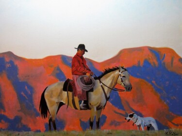 Painting titled "Cowboy" by Karol Reber, Original Artwork, Oil Mounted on Wood Stretcher frame