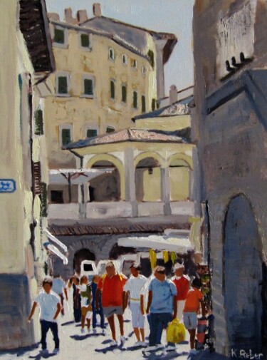 Painting titled "Marché à Cortone" by Karol Reber, Original Artwork, Oil