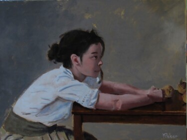 Malerei mit dem Titel "Jeune fille attablée" von Karol Reber, Original-Kunstwerk, Öl