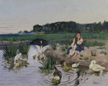 Painting titled "Jeune fille s'occup…" by Karol Reber, Original Artwork, Oil