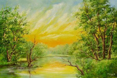 Painting titled "Sunset" by Karola Kiss, Original Artwork, Oil Mounted on Wood Panel